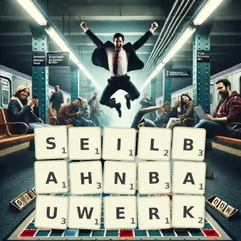 Kreative Illustration für ein Scrabble-Spiel, bei dem das Wort SEILBAHNBAUWERK mit Steinen auf dem Brett gelegt wurde.