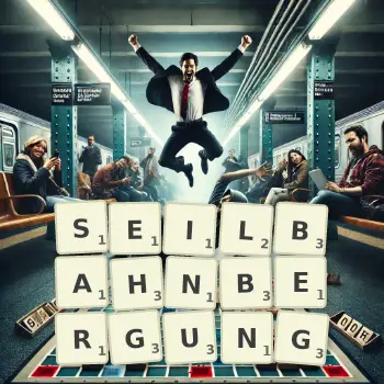 Kreative Illustration für ein Scrabble-Spiel, bei dem das Wort SEILBAHNBERGUNG mit Steinen auf dem Brett gelegt wurde.