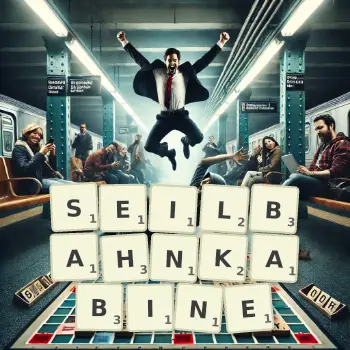 Kreative Illustration für ein Scrabble-Spiel, bei dem das Wort SEILBAHNKABINE mit Steinen auf dem Brett gelegt wurde.