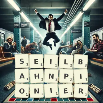 Kreative Illustration für ein Scrabble-Spiel, bei dem das Wort SEILBAHNPIONIER mit Steinen auf dem Brett gelegt wurde.