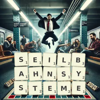 Kreative Illustration für ein Scrabble-Spiel, bei dem das Wort SEILBAHNSYSTEME mit Steinen auf dem Brett gelegt wurde.
