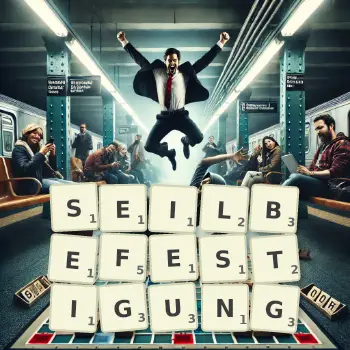Kreative Illustration für ein Scrabble-Spiel, bei dem das Wort SEILBEFESTIGUNG mit Steinen auf dem Brett gelegt wurde.