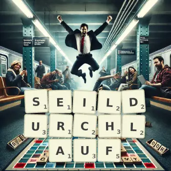 Kreative Illustration für ein Scrabble-Spiel, bei dem das Wort SEILDURCHLAUF mit Steinen auf dem Brett gelegt wurde.