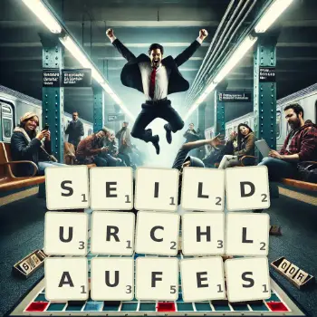 Kreative Illustration für ein Scrabble-Spiel, bei dem das Wort SEILDURCHLAUFES mit Steinen auf dem Brett gelegt wurde.