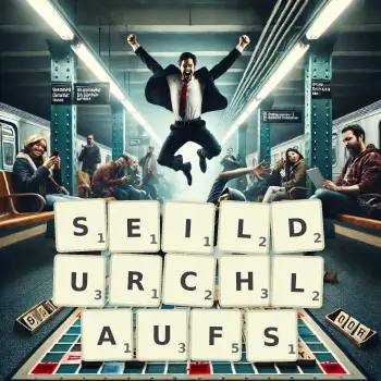 Kreative Illustration für ein Scrabble-Spiel, bei dem das Wort SEILDURCHLAUFS mit Steinen auf dem Brett gelegt wurde.