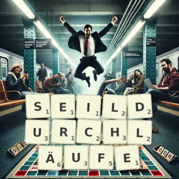 Kreative Illustration für ein Scrabble-Spiel, bei dem das Wort SEILDURCHLÄUFE mit Steinen auf dem Brett gelegt wurde.