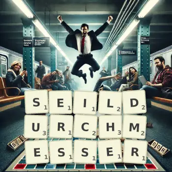 Kreative Illustration für ein Scrabble-Spiel, bei dem das Wort SEILDURCHMESSER mit Steinen auf dem Brett gelegt wurde.