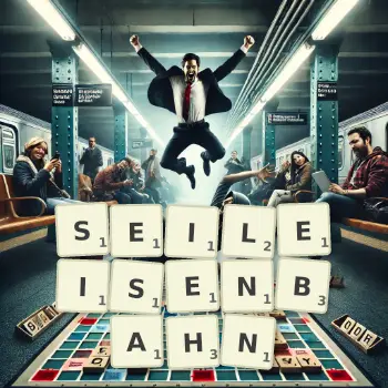 Kreative Illustration für ein Scrabble-Spiel, bei dem das Wort SEILEISENBAHN mit Steinen auf dem Brett gelegt wurde.