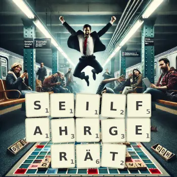 Kreative Illustration für ein Scrabble-Spiel, bei dem das Wort SEILFAHRGERÄT mit Steinen auf dem Brett gelegt wurde.