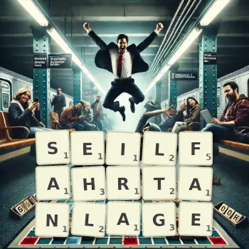 Kreative Illustration für ein Scrabble-Spiel, bei dem das Wort SEILFAHRTANLAGE mit Steinen auf dem Brett gelegt wurde.