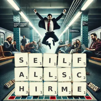 Kreative Illustration für ein Scrabble-Spiel, bei dem das Wort SEILFALLSCHIRME mit Steinen auf dem Brett gelegt wurde.