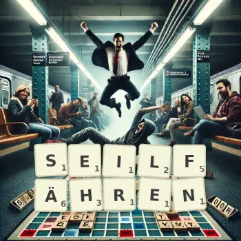 Kreative Illustration für ein Scrabble-Spiel, bei dem das Wort SEILFÄHREN mit Steinen auf dem Brett gelegt wurde.