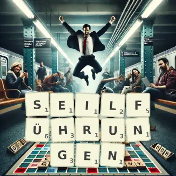 Kreative Illustration für ein Scrabble-Spiel, bei dem das Wort SEILFÜHRUNGEN mit Steinen auf dem Brett gelegt wurde.