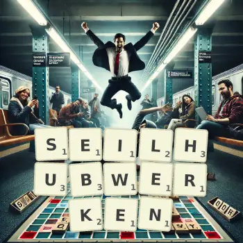 Kreative Illustration für ein Scrabble-Spiel, bei dem das Wort SEILHUBWERKEN mit Steinen auf dem Brett gelegt wurde.