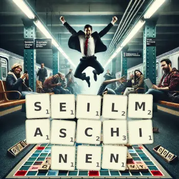 Kreative Illustration für ein Scrabble-Spiel, bei dem das Wort SEILMASCHINEN mit Steinen auf dem Brett gelegt wurde.