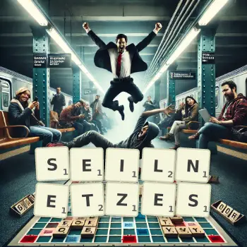 Kreative Illustration für ein Scrabble-Spiel, bei dem das Wort SEILNETZES mit Steinen auf dem Brett gelegt wurde.