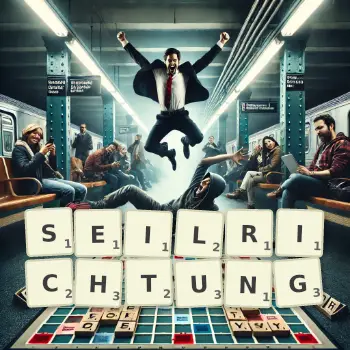 Kreative Illustration für ein Scrabble-Spiel, bei dem das Wort SEILRICHTUNG mit Steinen auf dem Brett gelegt wurde.