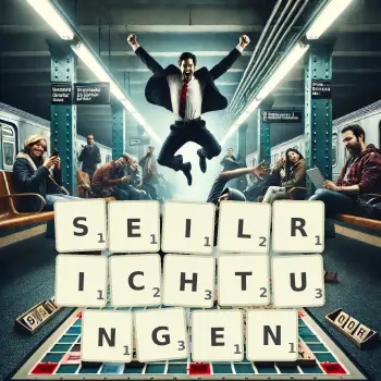 Kreative Illustration für ein Scrabble-Spiel, bei dem das Wort SEILRICHTUNGEN mit Steinen auf dem Brett gelegt wurde.