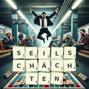 Kreative Illustration für ein Scrabble-Spiel, bei dem das Wort SEILSCHÄCHTEN mit Steinen auf dem Brett gelegt wurde.