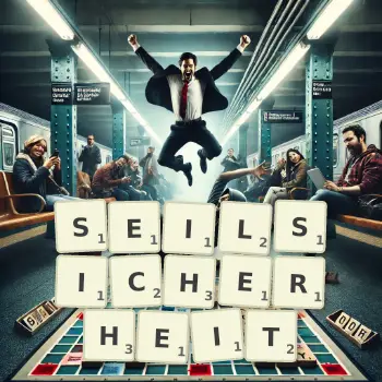 Kreative Illustration für ein Scrabble-Spiel, bei dem das Wort SEILSICHERHEIT mit Steinen auf dem Brett gelegt wurde.