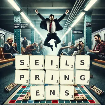 Kreative Illustration für ein Scrabble-Spiel, bei dem das Wort SEILSPRINGENS mit Steinen auf dem Brett gelegt wurde.