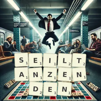 Kreative Illustration für ein Scrabble-Spiel, bei dem das Wort SEILTANZENDEN mit Steinen auf dem Brett gelegt wurde.