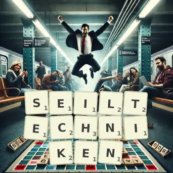 Kreative Illustration für ein Scrabble-Spiel, bei dem das Wort SEILTECHNIKEN mit Steinen auf dem Brett gelegt wurde.