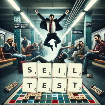 Kreative Illustration für ein Scrabble-Spiel, bei dem das Wort SEILTEST mit Steinen auf dem Brett gelegt wurde.