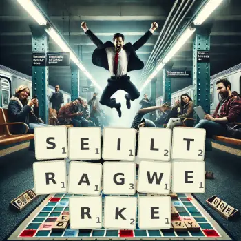 Kreative Illustration für ein Scrabble-Spiel, bei dem das Wort SEILTRAGWERKE mit Steinen auf dem Brett gelegt wurde.