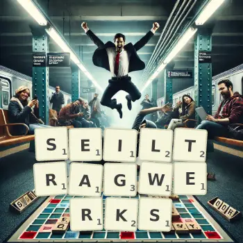 Kreative Illustration für ein Scrabble-Spiel, bei dem das Wort SEILTRAGWERKS mit Steinen auf dem Brett gelegt wurde.