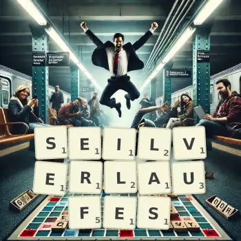 Kreative Illustration für ein Scrabble-Spiel, bei dem das Wort SEILVERLAUFES mit Steinen auf dem Brett gelegt wurde.