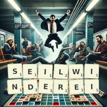 Kreative Illustration für ein Scrabble-Spiel, bei dem das Wort SEILWINDEREI mit Steinen auf dem Brett gelegt wurde.