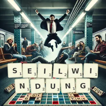 Kreative Illustration für ein Scrabble-Spiel, bei dem das Wort SEILWINDUNG mit Steinen auf dem Brett gelegt wurde.