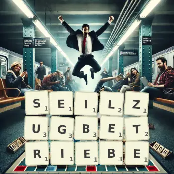 Kreative Illustration für ein Scrabble-Spiel, bei dem das Wort SEILZUGBETRIEBE mit Steinen auf dem Brett gelegt wurde.
