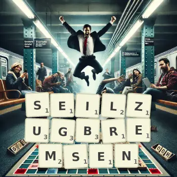 Kreative Illustration für ein Scrabble-Spiel, bei dem das Wort SEILZUGBREMSEN mit Steinen auf dem Brett gelegt wurde.