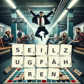 Kreative Illustration für ein Scrabble-Spiel, bei dem das Wort SEILZUGFÄHREN mit Steinen auf dem Brett gelegt wurde.