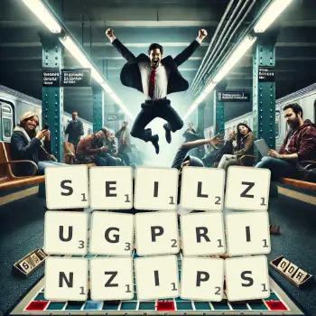 Kreative Illustration für ein Scrabble-Spiel, bei dem das Wort SEILZUGPRINZIPS mit Steinen auf dem Brett gelegt wurde.