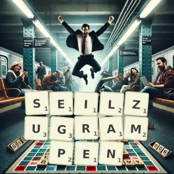 Kreative Illustration für ein Scrabble-Spiel, bei dem das Wort SEILZUGRAMPEN mit Steinen auf dem Brett gelegt wurde.
