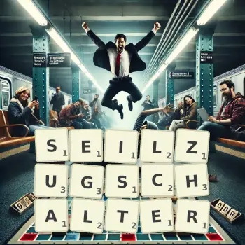 Kreative Illustration für ein Scrabble-Spiel, bei dem das Wort SEILZUGSCHALTER mit Steinen auf dem Brett gelegt wurde.