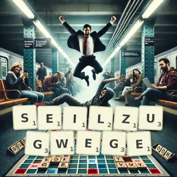 Kreative Illustration für ein Scrabble-Spiel, bei dem das Wort SEILZUGWEGE mit Steinen auf dem Brett gelegt wurde.