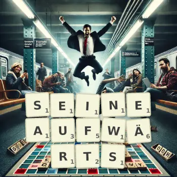 Kreative Illustration für ein Scrabble-Spiel, bei dem das Wort SEINEAUFWÄRTS mit Steinen auf dem Brett gelegt wurde.