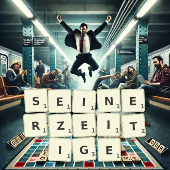 Kreative Illustration für ein Scrabble-Spiel, bei dem das Wort SEINERZEITIGE mit Steinen auf dem Brett gelegt wurde.