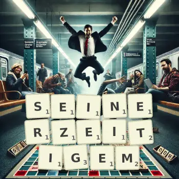Kreative Illustration für ein Scrabble-Spiel, bei dem das Wort SEINERZEITIGEM mit Steinen auf dem Brett gelegt wurde.