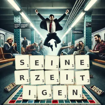 Kreative Illustration für ein Scrabble-Spiel, bei dem das Wort SEINERZEITIGEN mit Steinen auf dem Brett gelegt wurde.