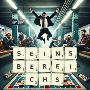 Kreative Illustration für ein Scrabble-Spiel, bei dem das Wort SEINSBEREICHS mit Steinen auf dem Brett gelegt wurde.