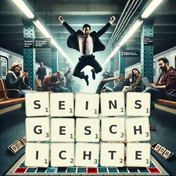 Kreative Illustration für ein Scrabble-Spiel, bei dem das Wort SEINSGESCHICHTE mit Steinen auf dem Brett gelegt wurde.