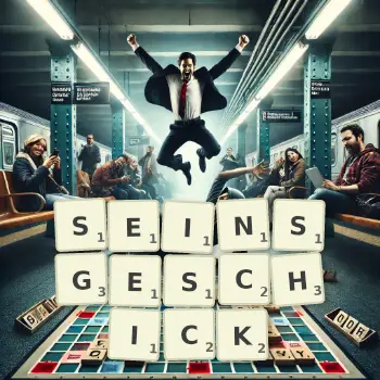 Kreative Illustration für ein Scrabble-Spiel, bei dem das Wort SEINSGESCHICK mit Steinen auf dem Brett gelegt wurde.