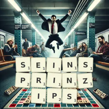Kreative Illustration für ein Scrabble-Spiel, bei dem das Wort SEINSPRINZIPS mit Steinen auf dem Brett gelegt wurde.