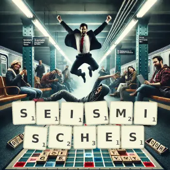 Kreative Illustration für ein Scrabble-Spiel, bei dem das Wort SEISMISCHES mit Steinen auf dem Brett gelegt wurde.