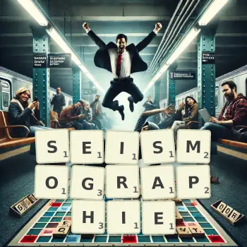 Kreative Illustration für ein Scrabble-Spiel, bei dem das Wort SEISMOGRAPHIE mit Steinen auf dem Brett gelegt wurde.